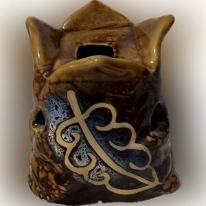 🍄Vintage Tea Light Candle Holder Leaf Pattern Glazed Ceramic Fall Brown Decor